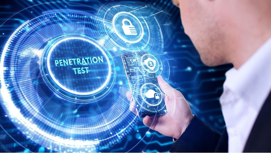 Person touching a futuristic digital screen with the words PENETRATION TEST and a glowing lock icon.