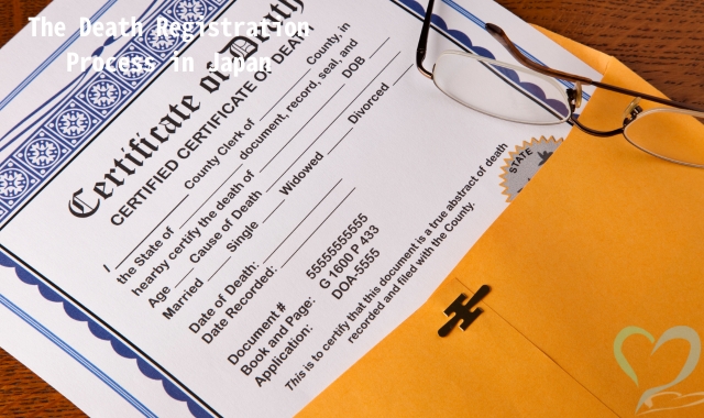 A generic Certificate of Death form with glasses and an envelope.