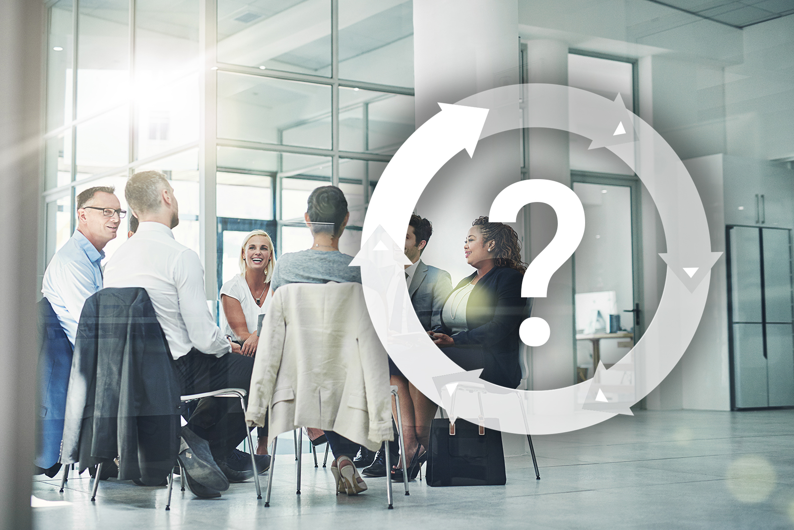 A business team in a meeting with a graphic overlay of a circular arrow and a large question mark.