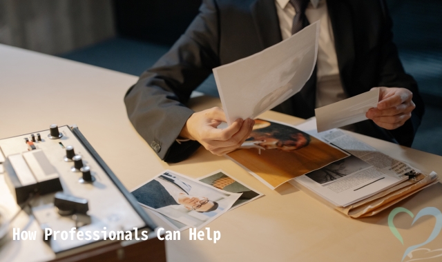 A person at a desk reviewing photographs and documents.