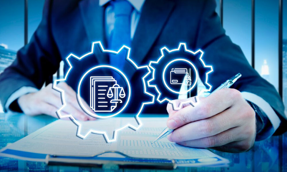 A person signing a document with digital gear icons representing legal and financial processes.