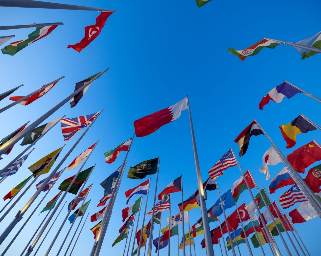 Many international flags waving against a clear blue sky.