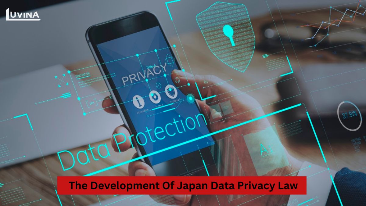 A graphic showing a smartphone with the words Data Protection, illustrating Japan's data privacy laws.