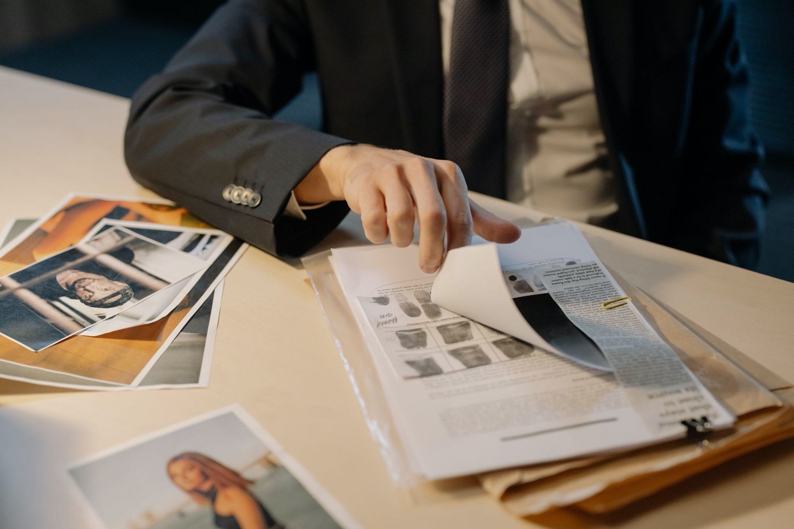 An investigator reviewing surveillance photos and documents on a desk.