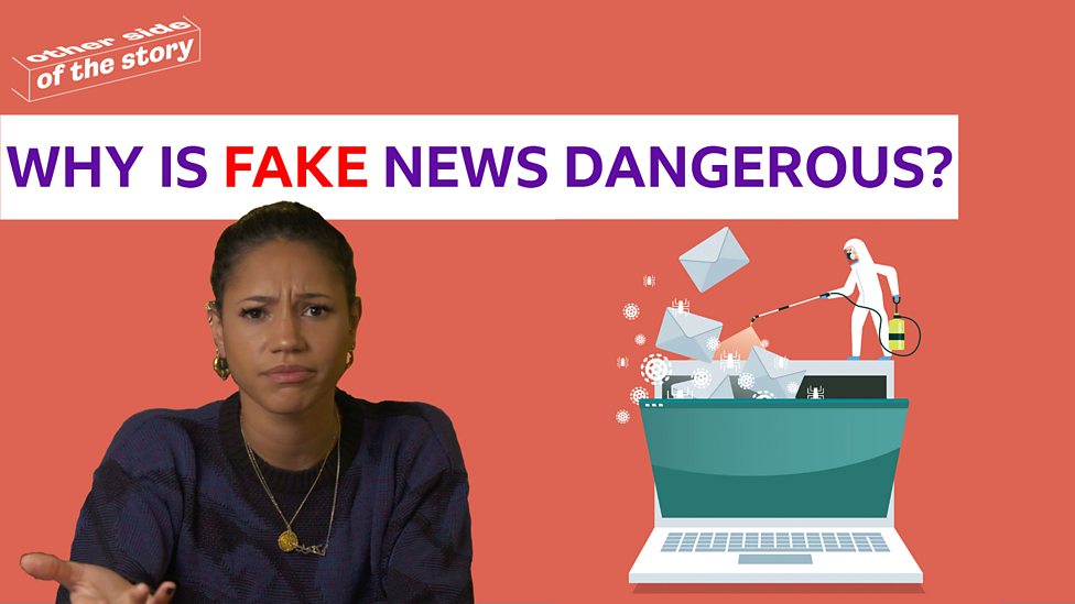 Graphic explaining why fake news is dangerous, showing a concerned person and a laptop being spammed.