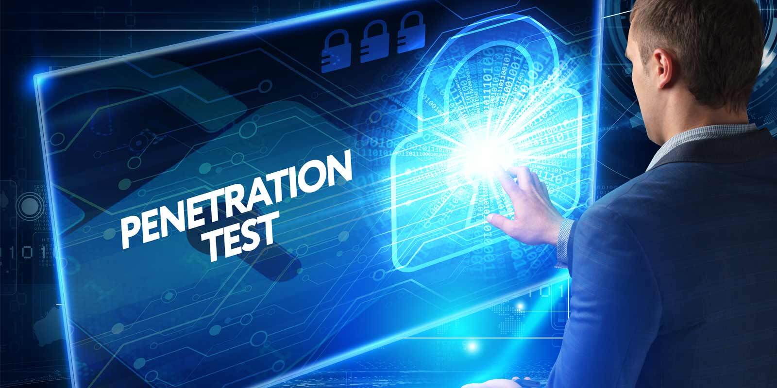 Person touching a futuristic digital screen with the words PENETRATION TEST and a glowing lock icon.