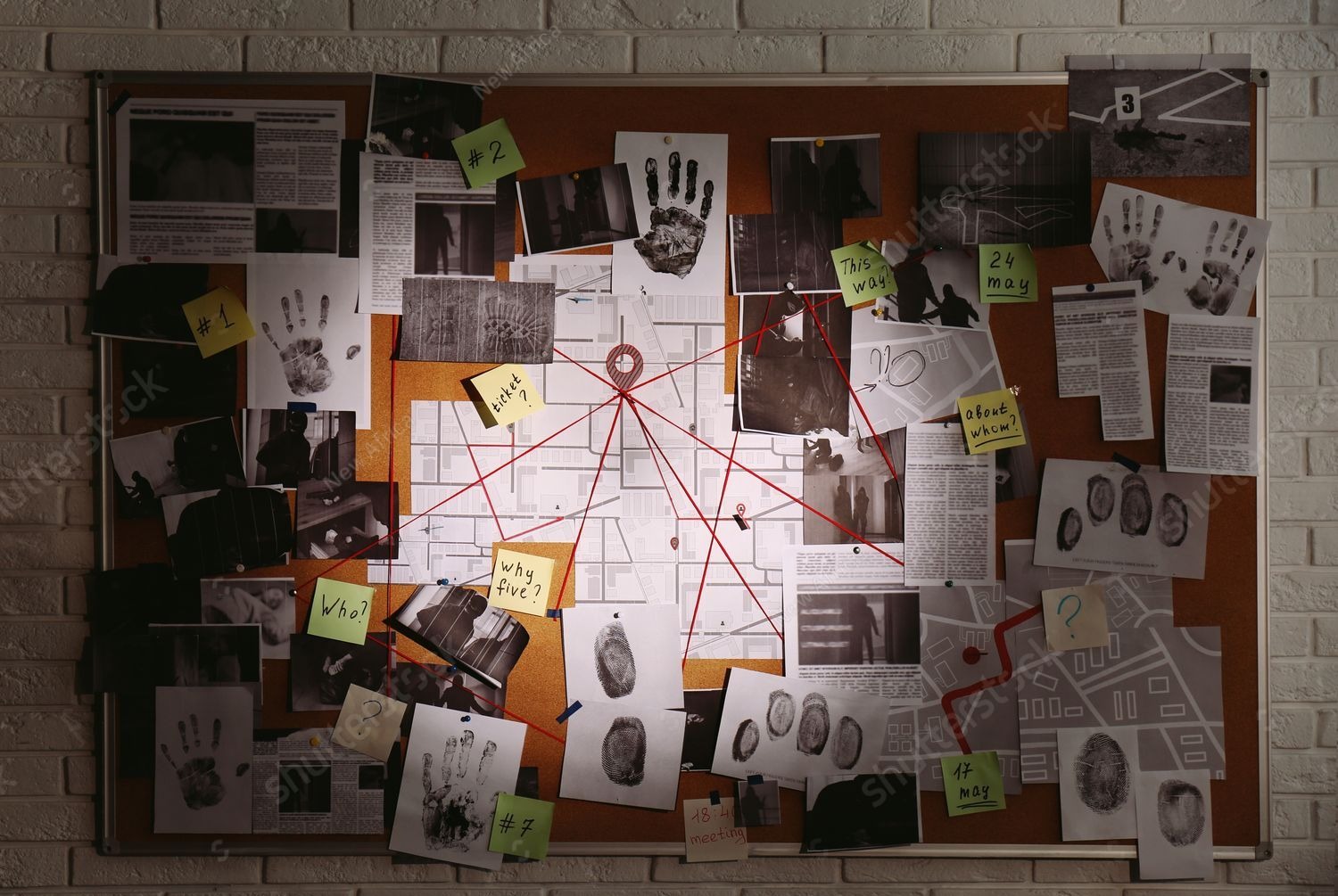A detective's investigation board covered in photos, notes, and strings connecting clues.
