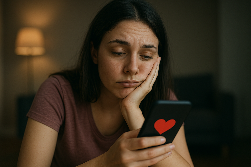 A sad woman looks at her phone which has a heart icon on the screen.