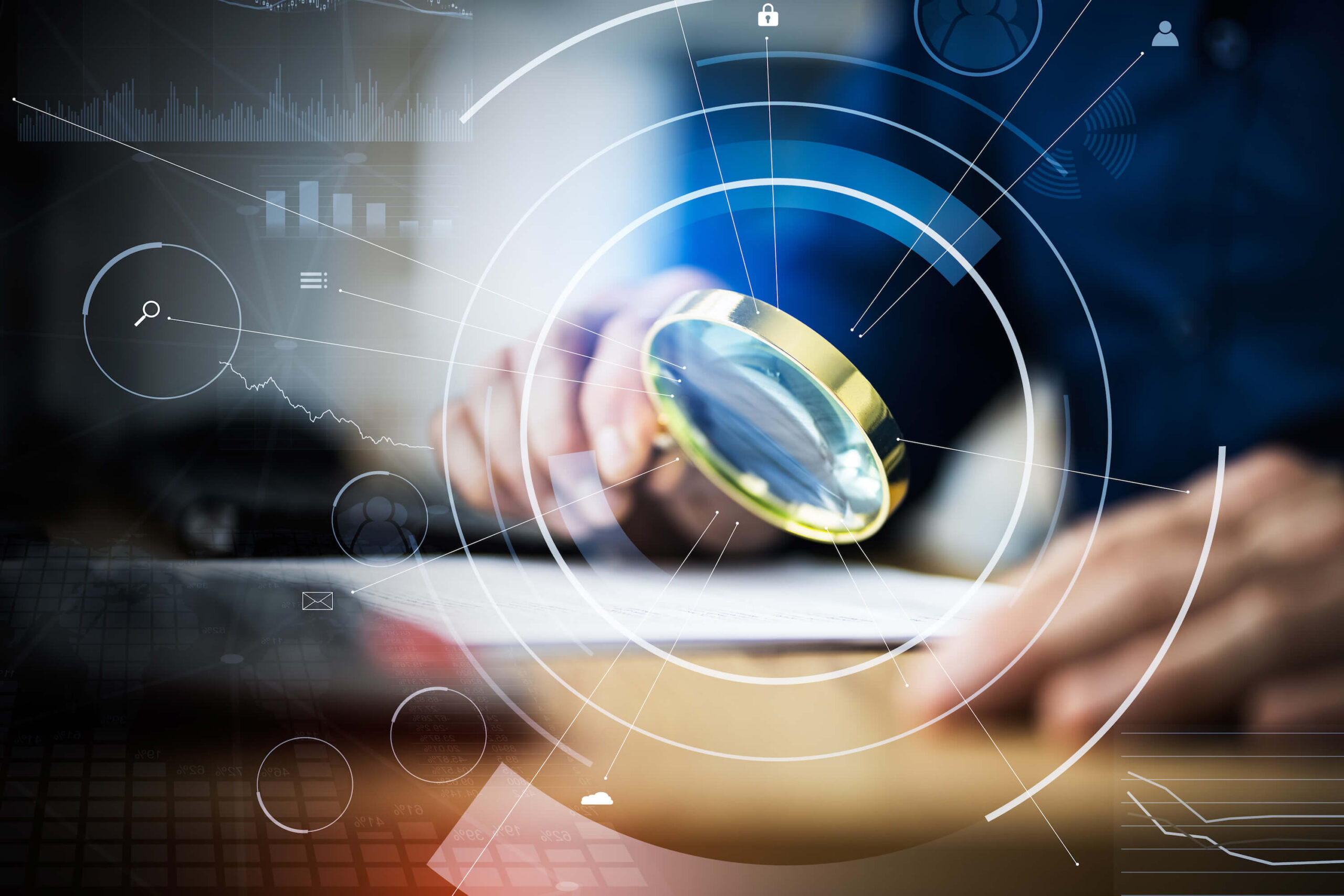 A person holding a magnifying glass over a document, with a digital overlay of data and charts.