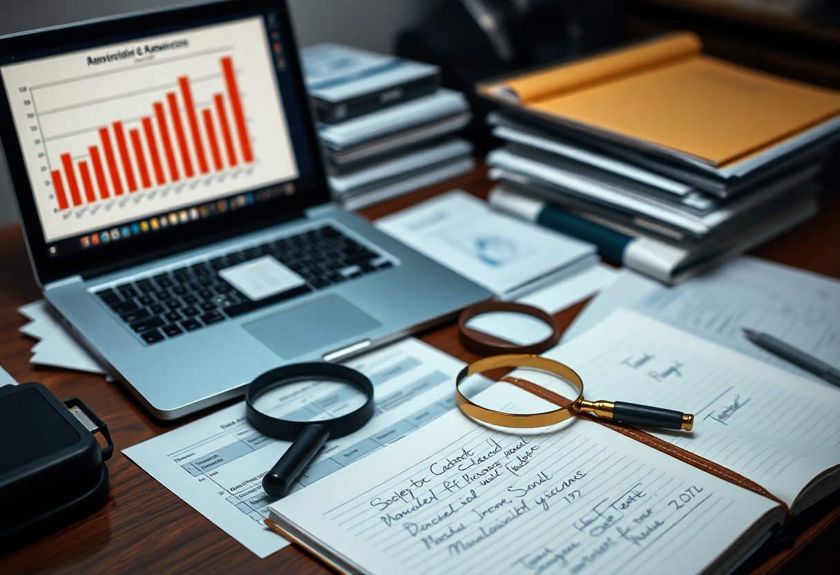 An investigation desk with a laptop showing charts, magnifying glasses, and a notebook.