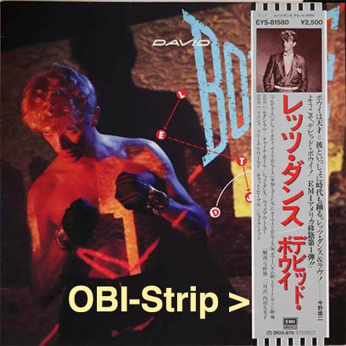 David Bowie's 'Let's Dance' vinyl record album, showing the Japanese pressing with the OBI-Strip.